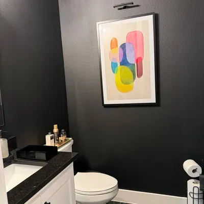 Black accent wall painting in powder room — Plano, TX